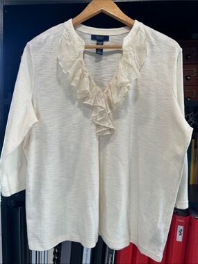 Chaps Women's Cream Lace-Trim V-Neck Long Sleeve Tee